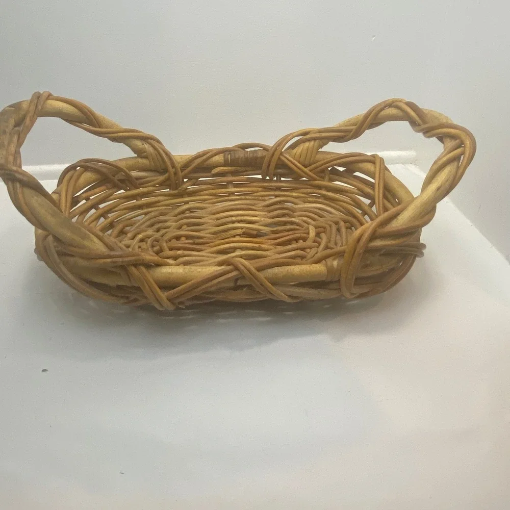 Vtg‎ Large Oval Wicker Rattan Basket Farmhouse Serving Tray Double Handle